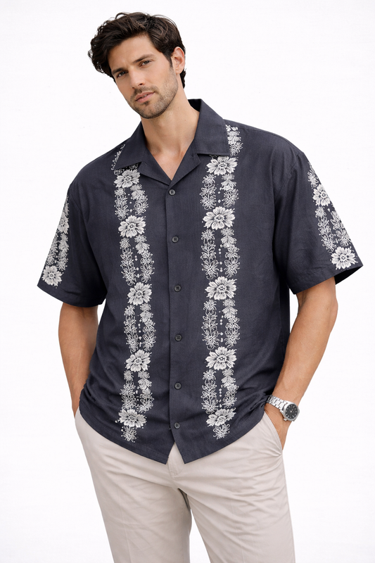 Cuban Collar Oversize Drop Shoulder Polo Designer printed Shirts buy @249 (Grey)