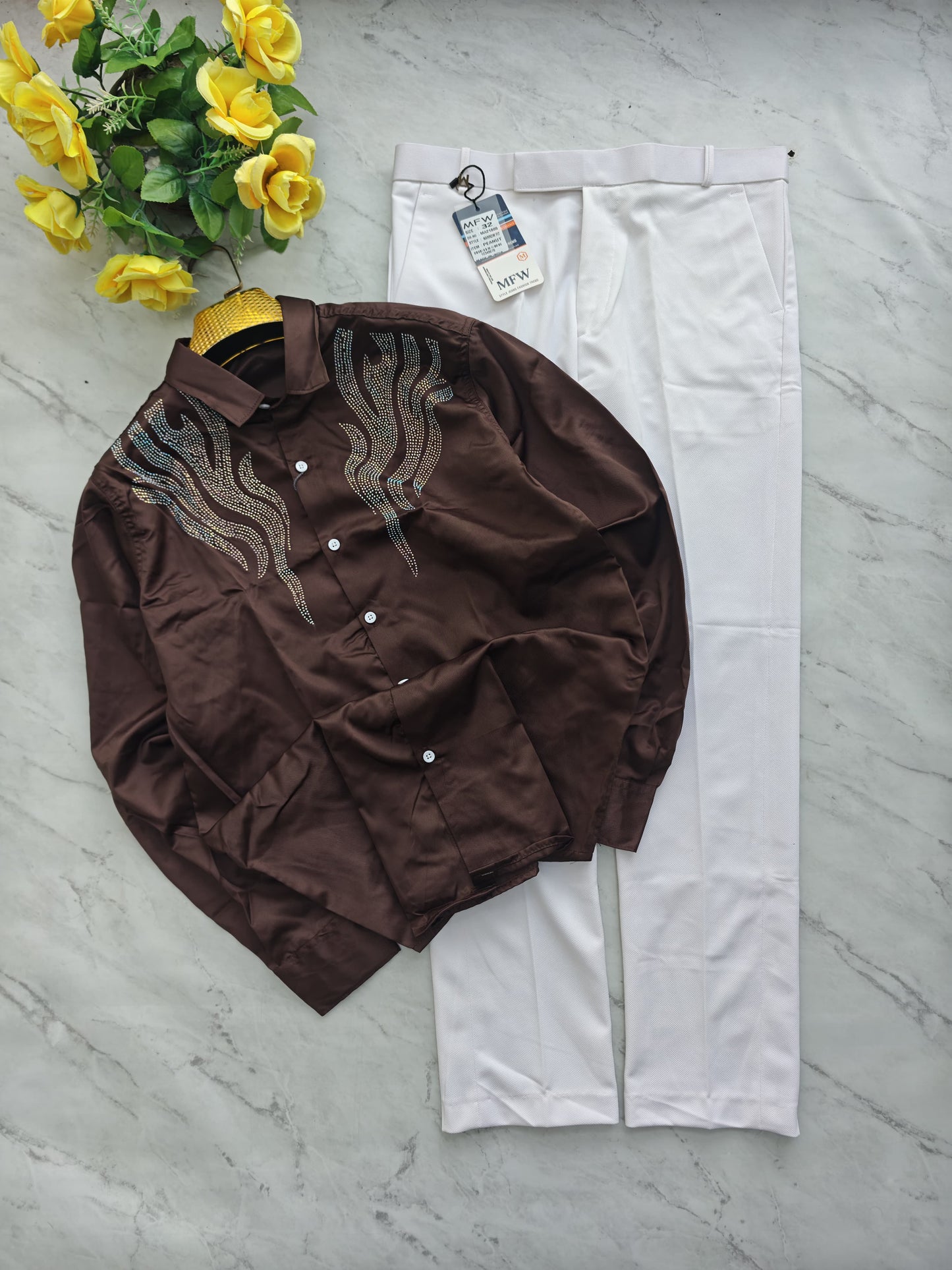 2 in 1 combo Party wear Stone work shirts + peanut fabric polofit pant buy @600 rs only