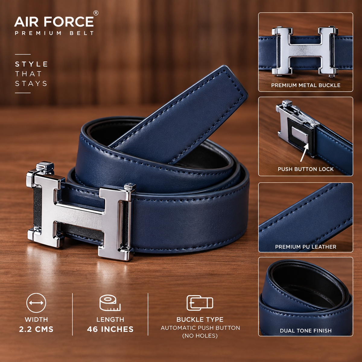 Mfw Premium Push button slim belt buy @200rs(blue) (OM-3)