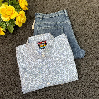 MFW Printed Shirts & Mom Fit Jeans random colours Combo – ₹449 Only("Pick your shirt color, pant’s a surprise!")