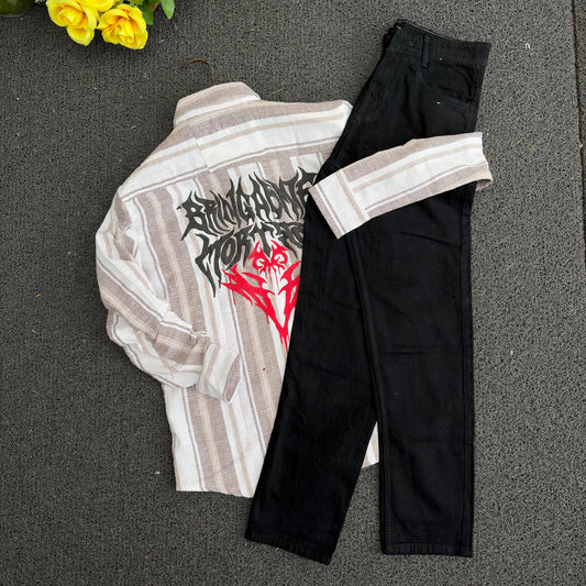 2 in 1 combo Dobby double pocket back print shirts + Mom fit jeans pant combo buy @600