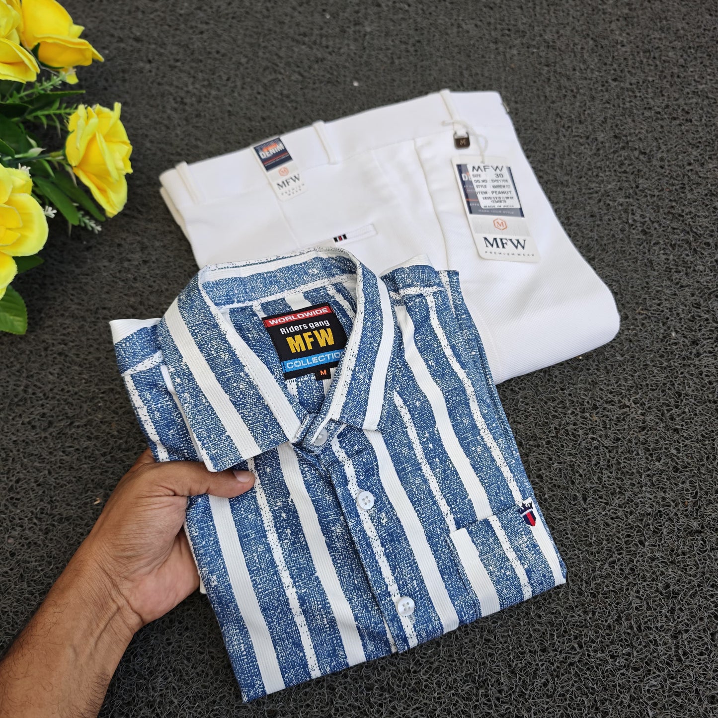 2 in 1 combo stripes shirts + penut fabric polo fit pants combo buy @500 rs only