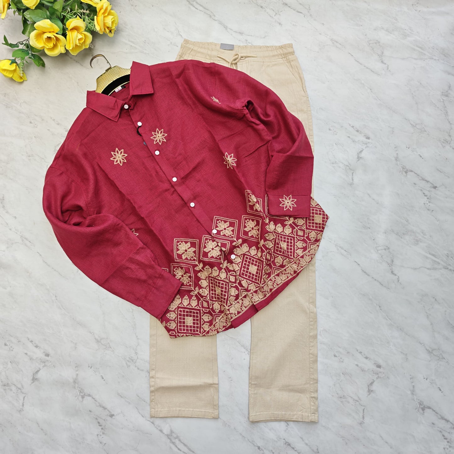 2 in 1 combo lenin bottom embroidery shirts+ lenin relax fit pant combo buy @600 rs