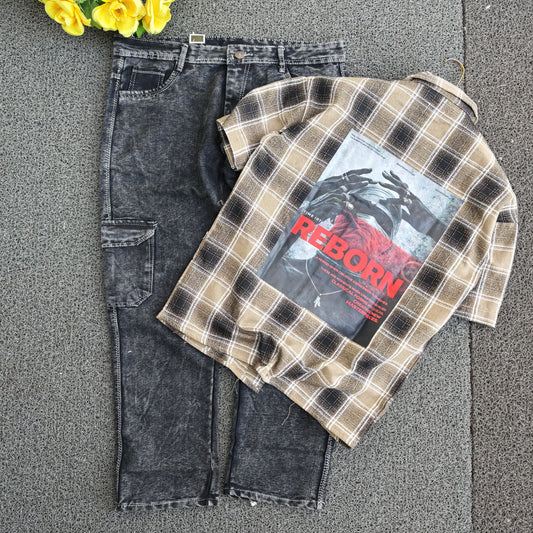 2 in 1 combo MFW double pocket Cuban collar back print shirts + 6 mom fit jeans buy @550 rs only