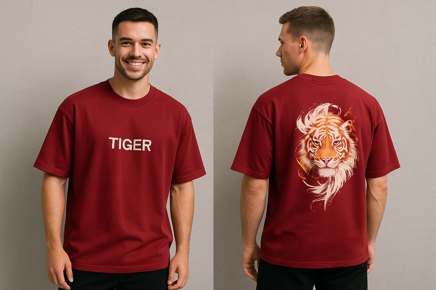 Tiger design Round neck Front and back Printed droup shoulder Tshirt 1 pc @199 and 3 pcs @ 499