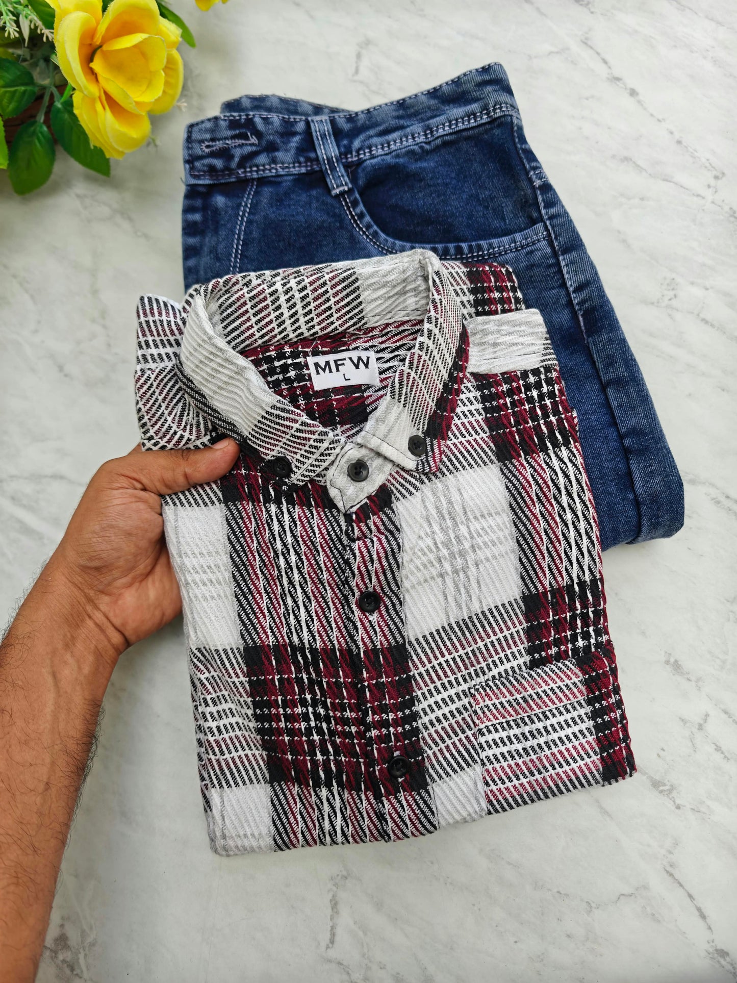 2 in 1 Combo | MFW Korean Weaving Shirt + Plain Mom Fit Jeans @ ₹600 | Buy Online