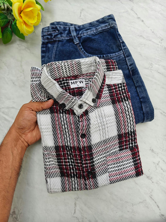 2 in 1 Combo | MFW Korean Weaving Shirt + Plain Mom Fit Jeans @ ₹600 | Buy Online