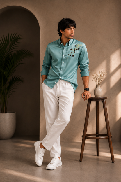 2 in 1 combo MFW embroidery party wear shirts + lenin relax fit pant combo buy @600 rs only