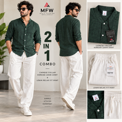 2 in 1 combo Chinese collar Korean lenin shirts + lenin relax fit pants buy @600 rs only