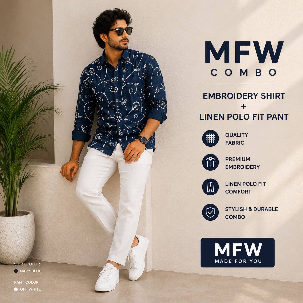 2 in 1 combo embroidery work shirts + lenin polo fit pants buy @600 rs only[ pant color White ]