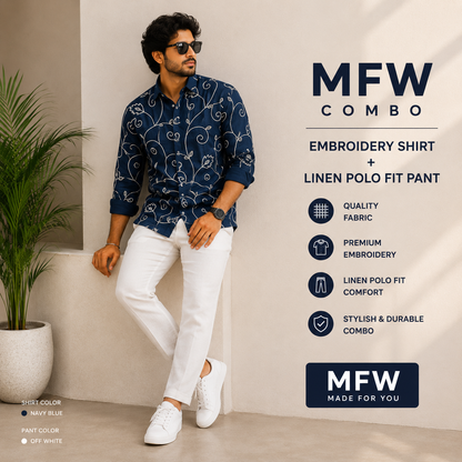 2 in 1 combo embroidery work shirts + lenin polo fit pants buy @600 rs only[ pant color White ]