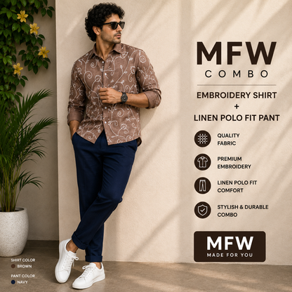 2 in 1 combo embroidery work shirts + lenin polo fit pants buy @600 rs only[ pant color Navy ]