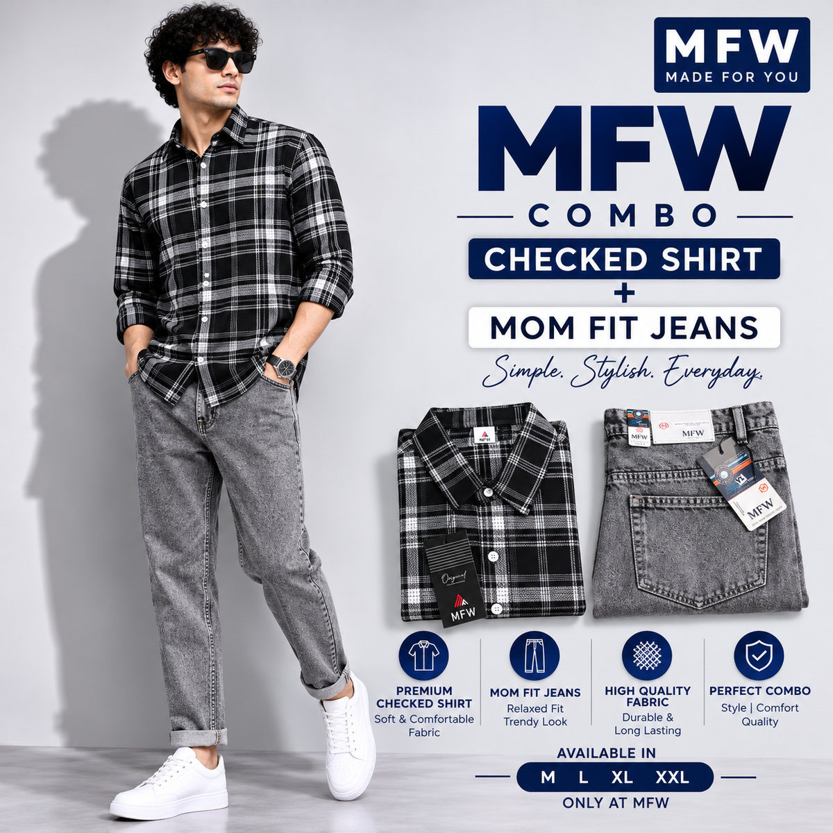 2 in 1 combo MFW checked shirts + mom fit jeans pant buy @600 rs only