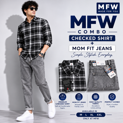 2 in 1 combo MFW checked shirts + mom fit jeans pant buy @600 rs only