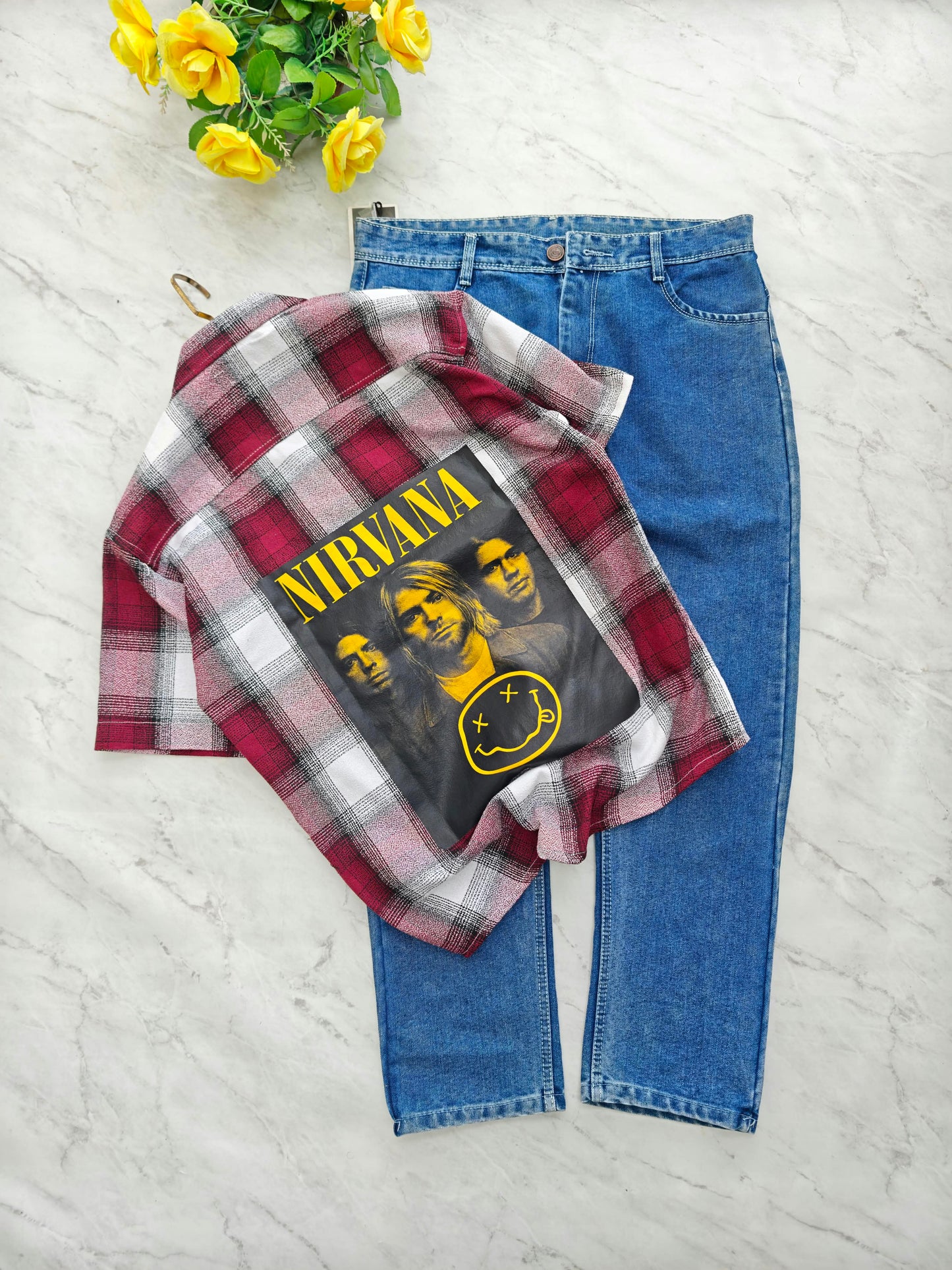 2 in 1 combo Cuban collar back print shirts + plain mom fit jeans pant combo buy @550