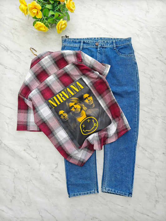2 in 1 combo Cuban collar back print shirts + plain mom fit jeans pant combo buy @550