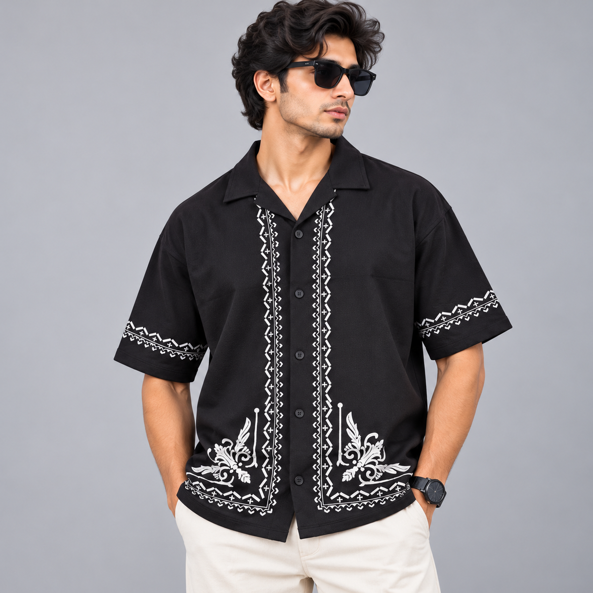 Cuban Collar Oversize Drop Shoulder Polo Designer printed Shirts buy @249[Black]