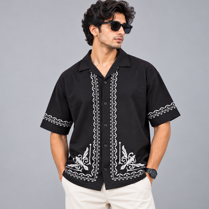 Cuban Collar Oversize Drop Shoulder Polo Designer printed Shirts buy @249[Black]