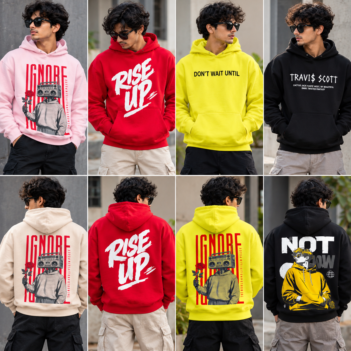 Men's Cotton back printed Hoodies single pcs @299 and Buy 4 pcs combo @999(Random design only no color selection only size selection )