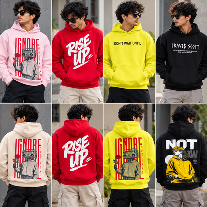 Men's Cotton back printed Hoodies single pcs @299 and Buy 4 pcs combo @999(Random design only no color selection only size selection )