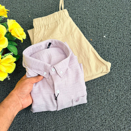 2 in 1 combo Old money lenin shirts + Lenin pants combo buy @600 only(Pink + Dark sandel )