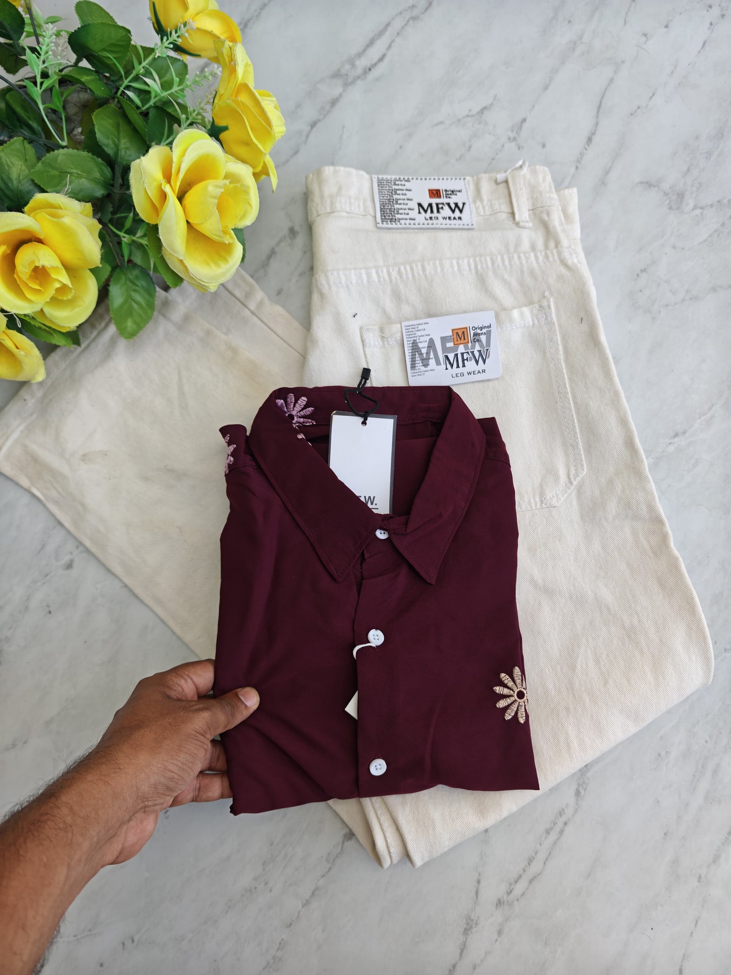 2 in 1 combo Bottom Embroidery shirts + plain mom fit jeans pant buy @600