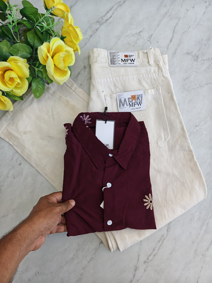 2 in 1 combo Bottom Embroidery shirts + plain mom fit jeans pant buy @600