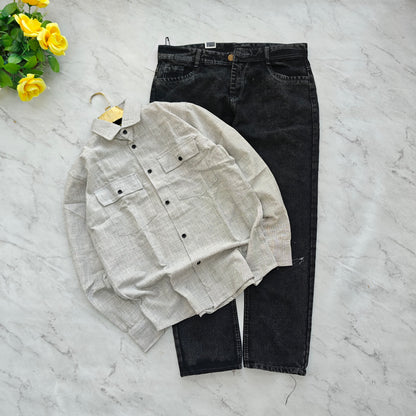 2 in 1 combo double pocket back printed shirts + plain mom fit jeans pant combo buy 550 rs only