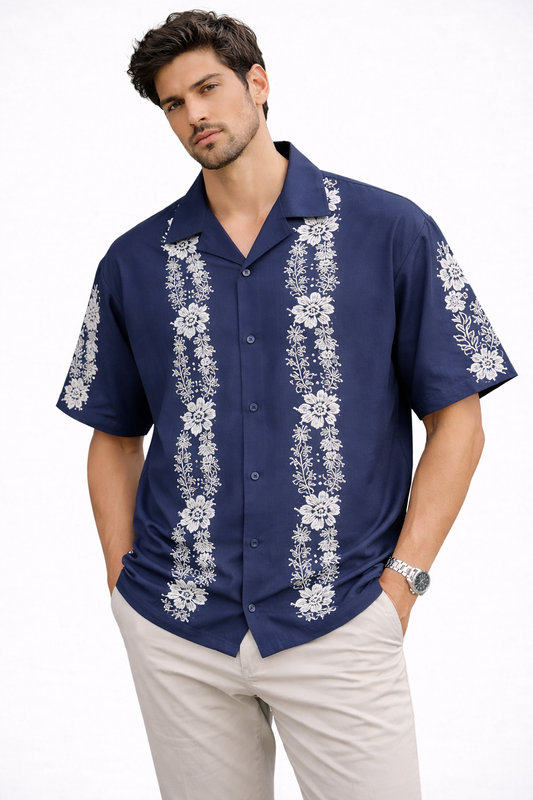 Cuban Collar Oversize Drop Shoulder Polo Designer printed Shirts buy @249 (navy)