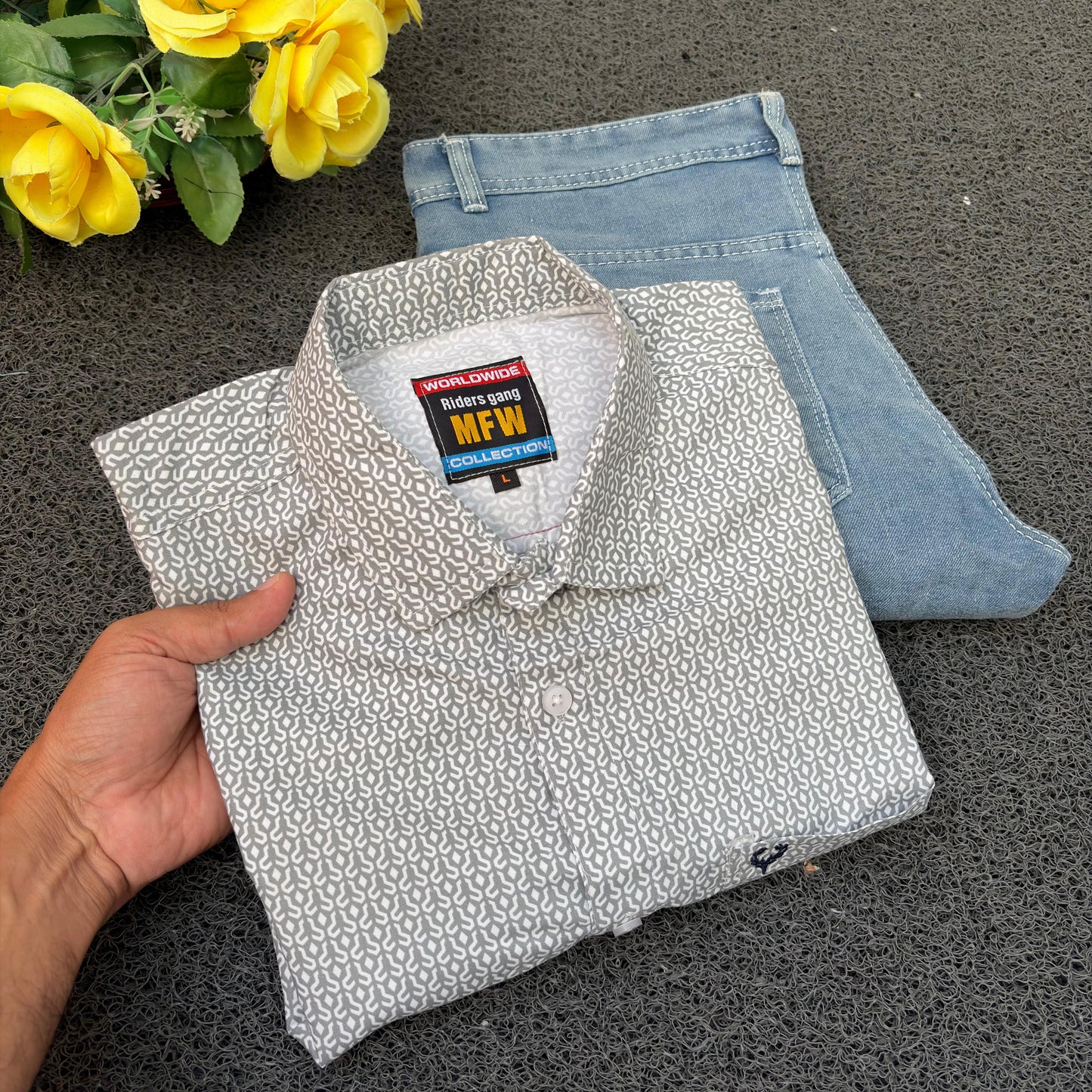 MFW Printed Shirts & Mom Fit Jeans random colours Combo – ₹449 Only("Pick your shirt color, pant’s a surprise!")