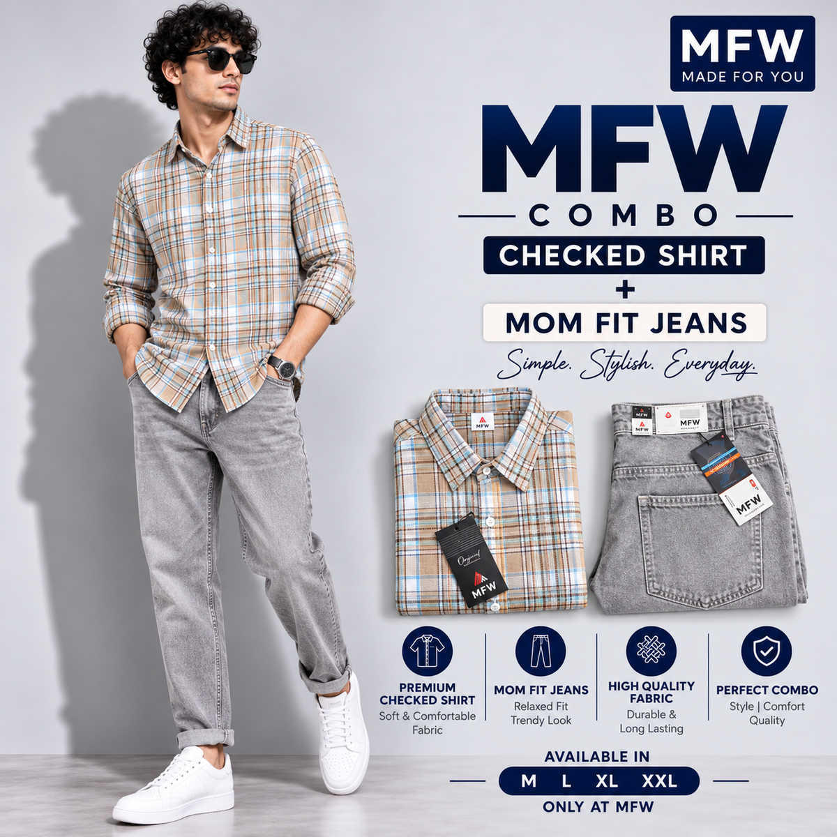 2 in 1 combo MFW checked shirts + mom fit jeans pant buy @600 rs only
