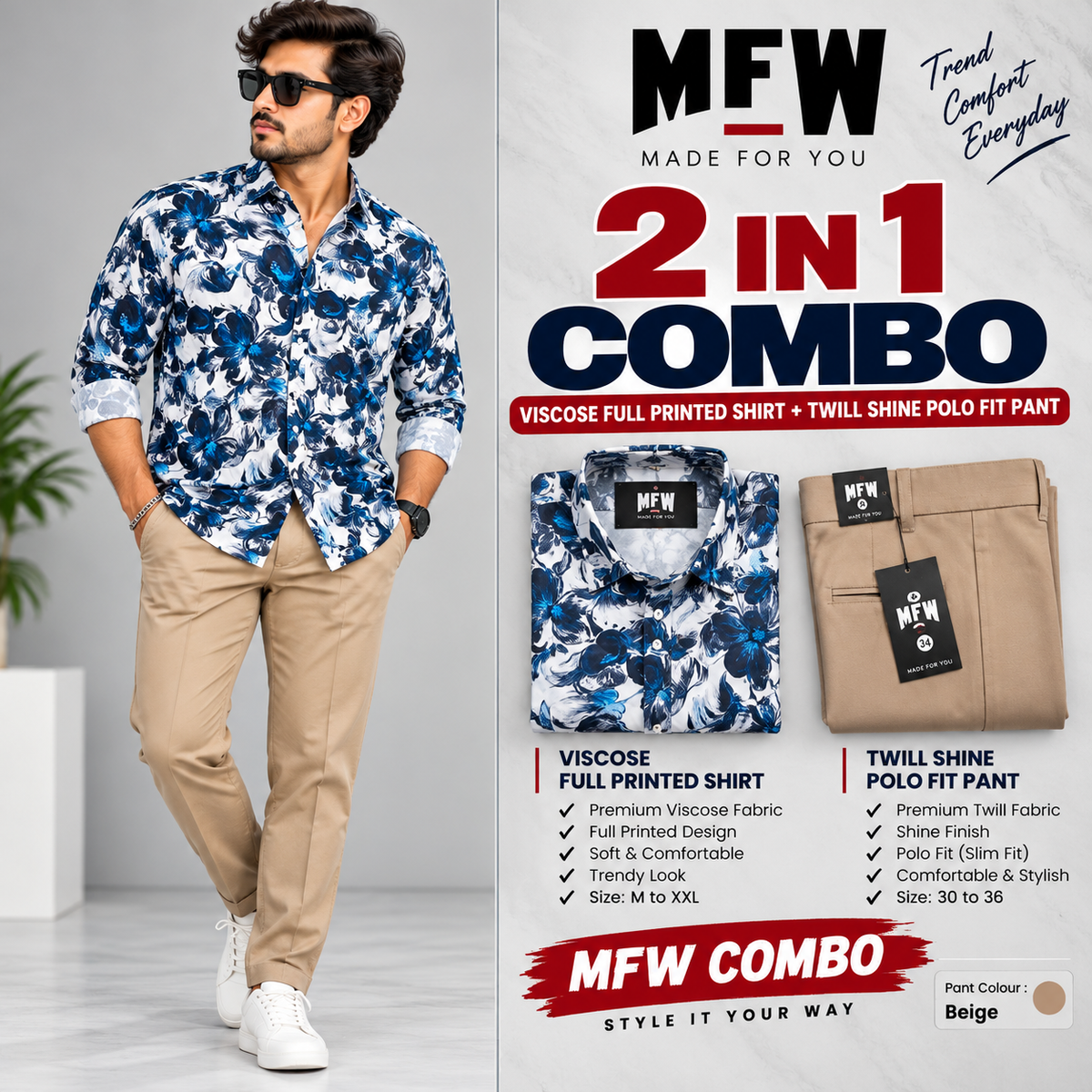 2 in 1 Combo viscose printed shirts + Twill polo fit pant buy @600 rs only