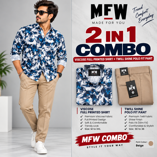 2 in 1 Combo viscose printed shirts + Twill polo fit pant buy @600 rs only