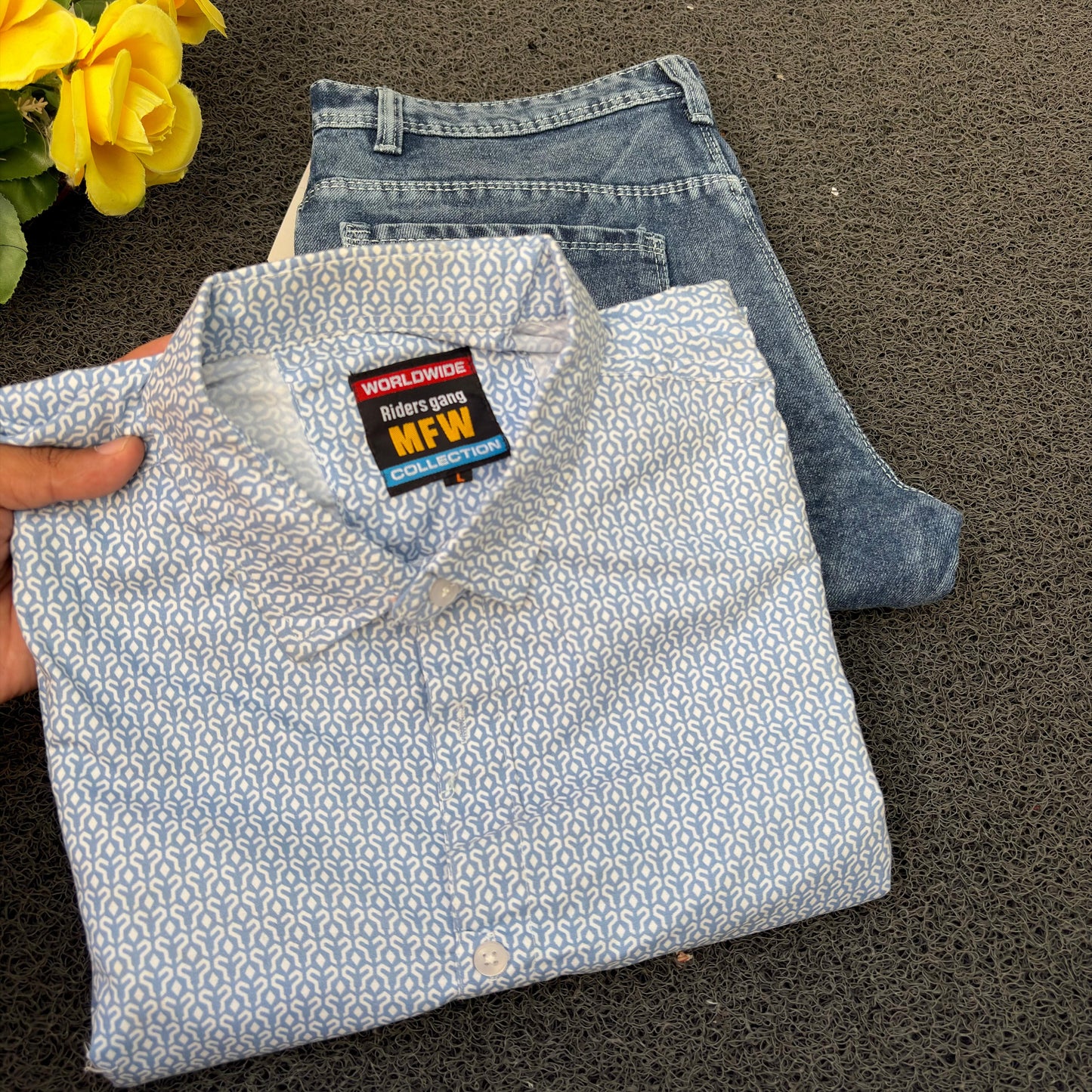 MFW Printed Shirts & Mom Fit Jeans random colours Combo – ₹449 Only("Pick your shirt color, pant’s a surprise!")