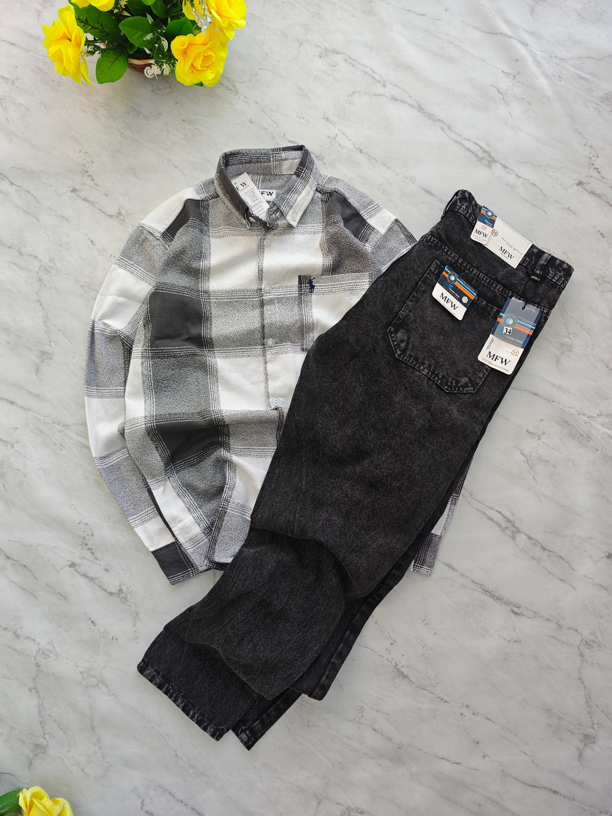 2 in 1 Combo MFW viral checked shirts + mom fit jeans pant buy @600 rs only