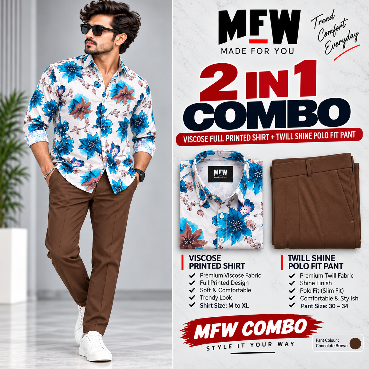 2 in 1 Combo viscose printed shirts + Twill polo fit pant buy @600 rs only[Brown]