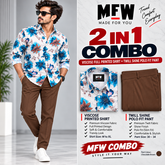 2 in 1 Combo viscose printed shirts + Twill polo fit pant buy @600 rs only[Brown]