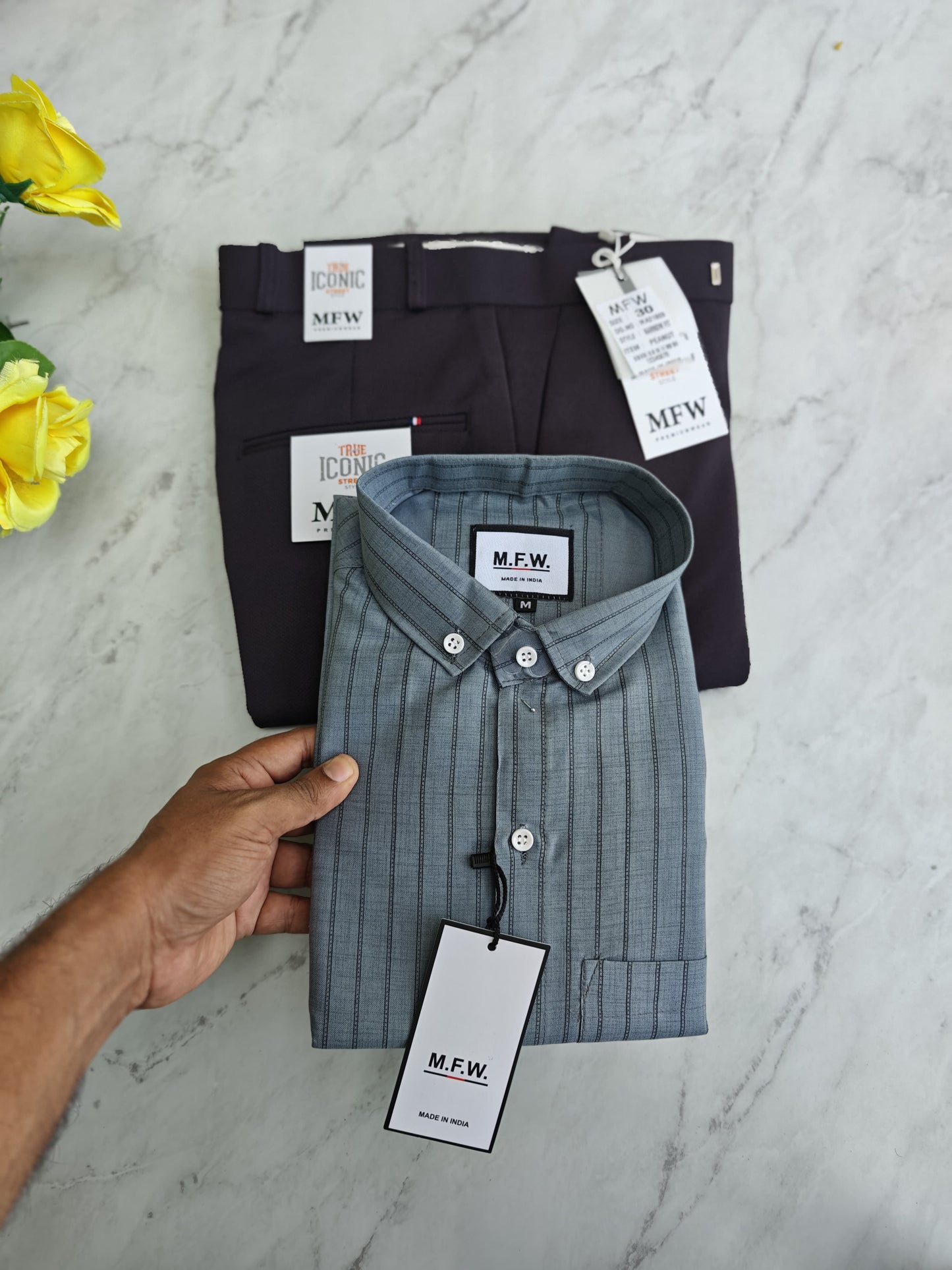 2 in 1 combo MFW oxford stripes shirts + penut fabric polo fit pants combo buy @550 rs only(pant color brown)