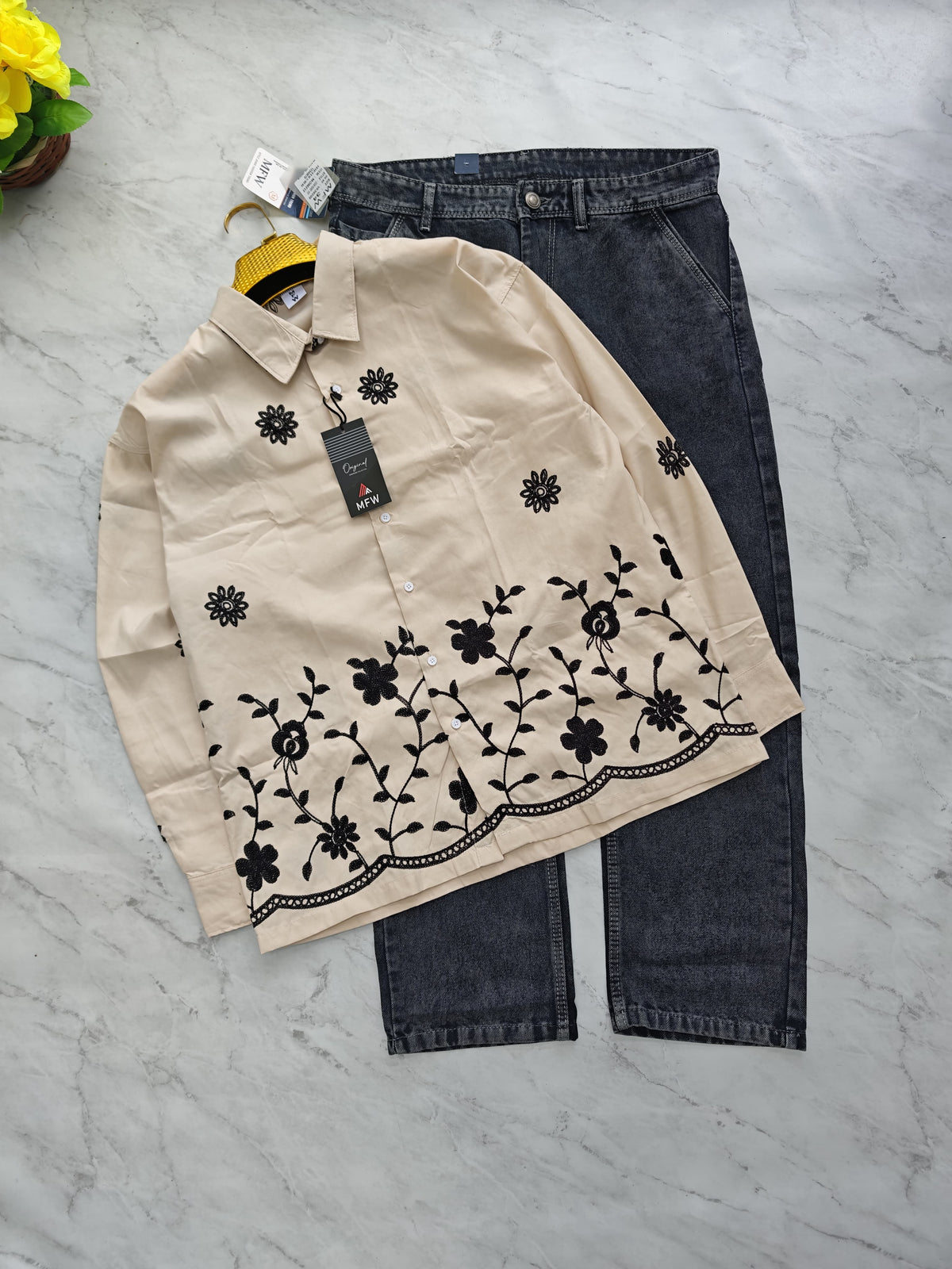 2 in 1 combo MFW border embroidery shirts + mom fit jeans pant buy @600 rs only