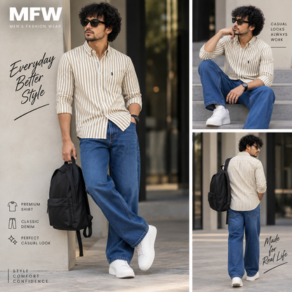 2 in 1 combo MFW stripes shirts + Semi baggy jeans pant buy @600 rs only
