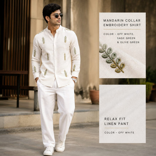 2 in 1 combo mandarin collar embroidery shirts+Lenin relax fit pants combo buy @600 rs only(D1)