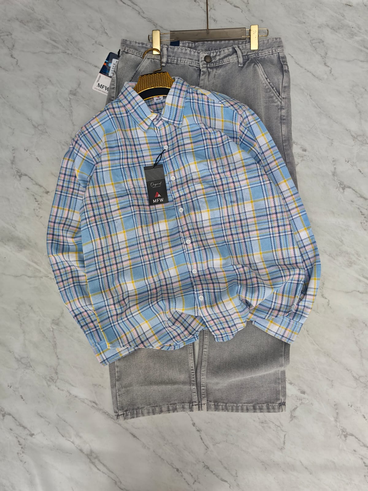 2 in 1 combo MFW checked shirts + mom fit jeans pant buy @600 rs only