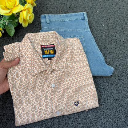 MFW Printed Shirts & Mom Fit Jeans random colours Combo – ₹449 Only("Pick your shirt color, pant’s a surprise!")