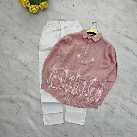 2 in 1 combo Lenin bottom embroidery shirts+ Lenin relax fit pants combo buy @600 rs only