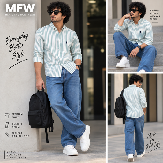 2 in 1 combo MFW stripes shirts + Semi baggy jeans pant buy @600 rs only