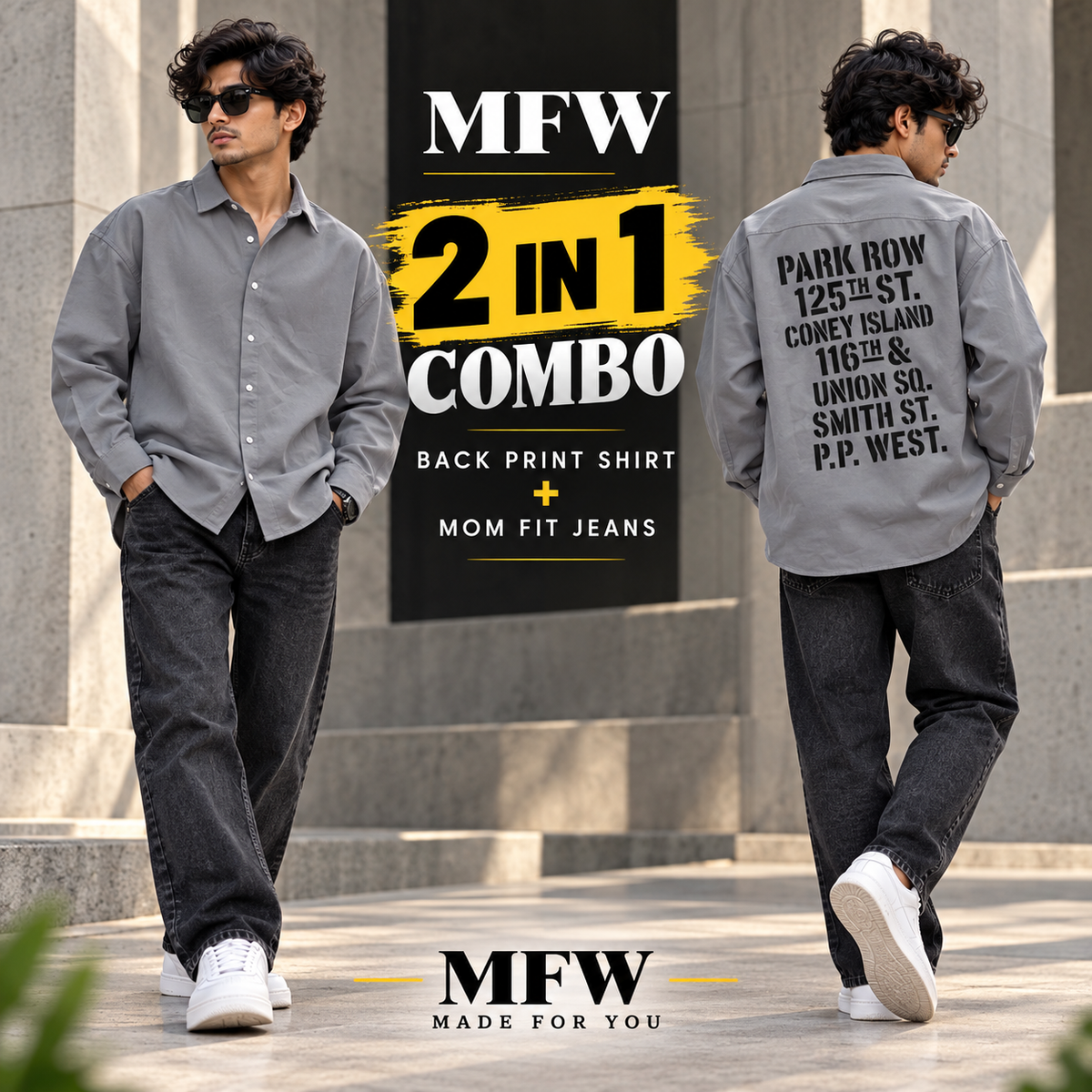 2 in 1 combo MFW Back printed shirts + mom fit jeans pant buy @600 rs only