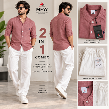 2 in 1 combo Chinese collar Korean lenin shirts + lenin relax fit pants buy @600 rs only