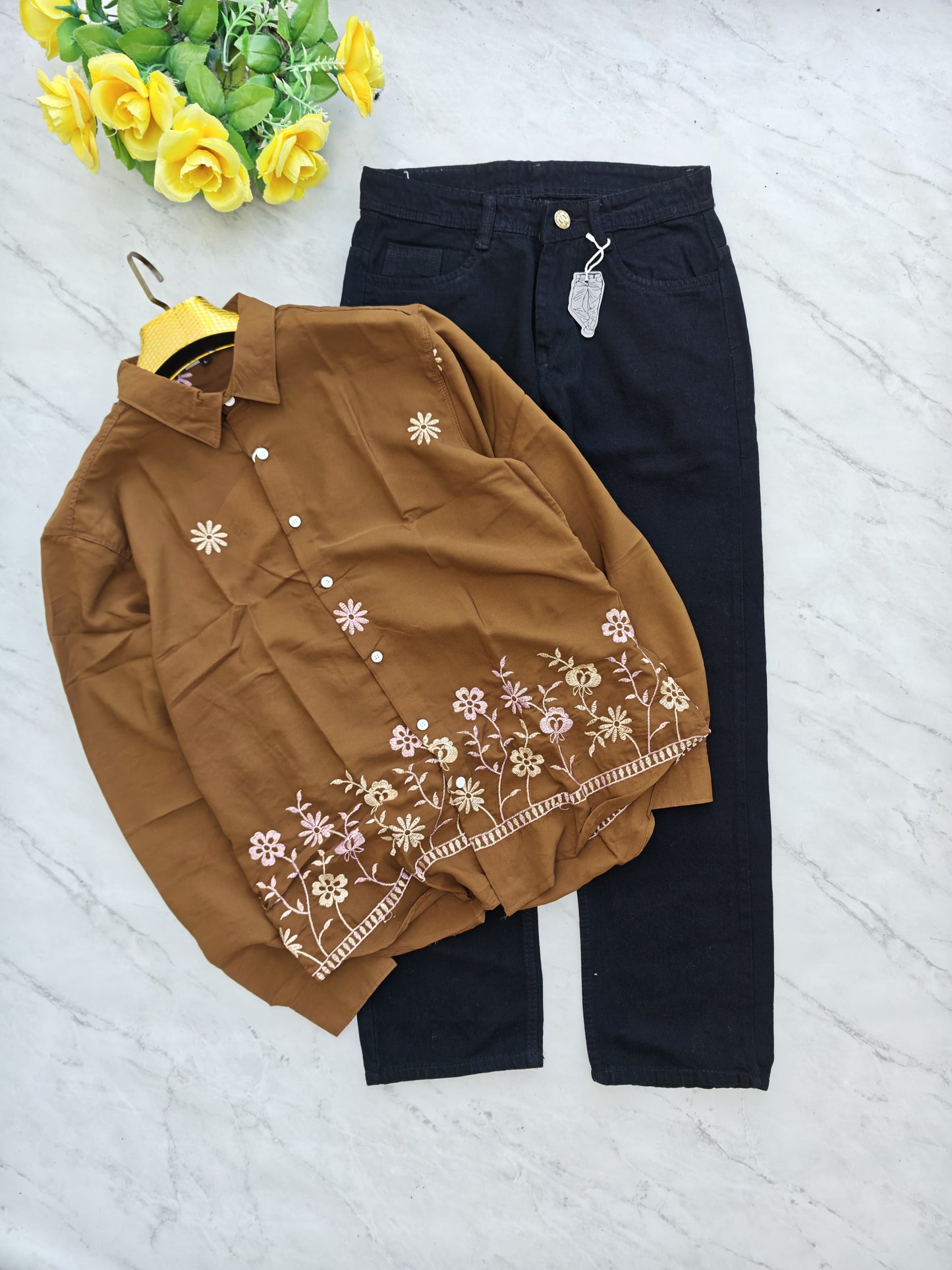 2 in 1 combo Bottom Embroidery shirts + plain mom fit jeans pant buy @600