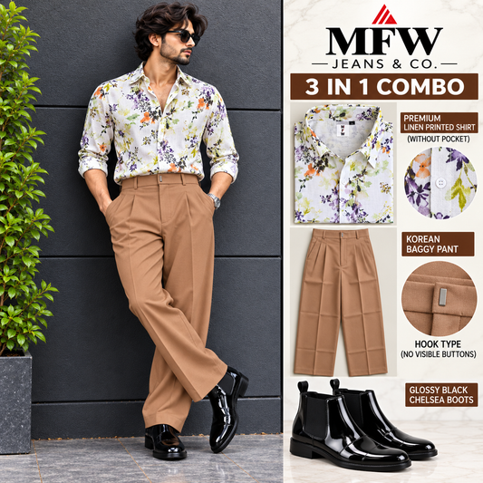 3 in 1 combo MFW Lenin printed shirts + korean baggy pants + boots buy @999 only