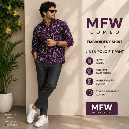 2 in 1 combo embroidery work shirts + lenin polo fit pants buy @600 rs only[ pant color Grey ]